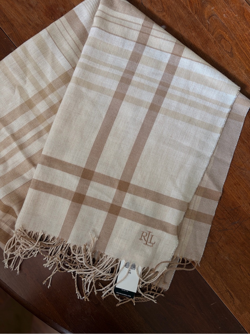 Ralph Lauren Blush and Camel Logo Fringe Scarf - Picture 3 of 5